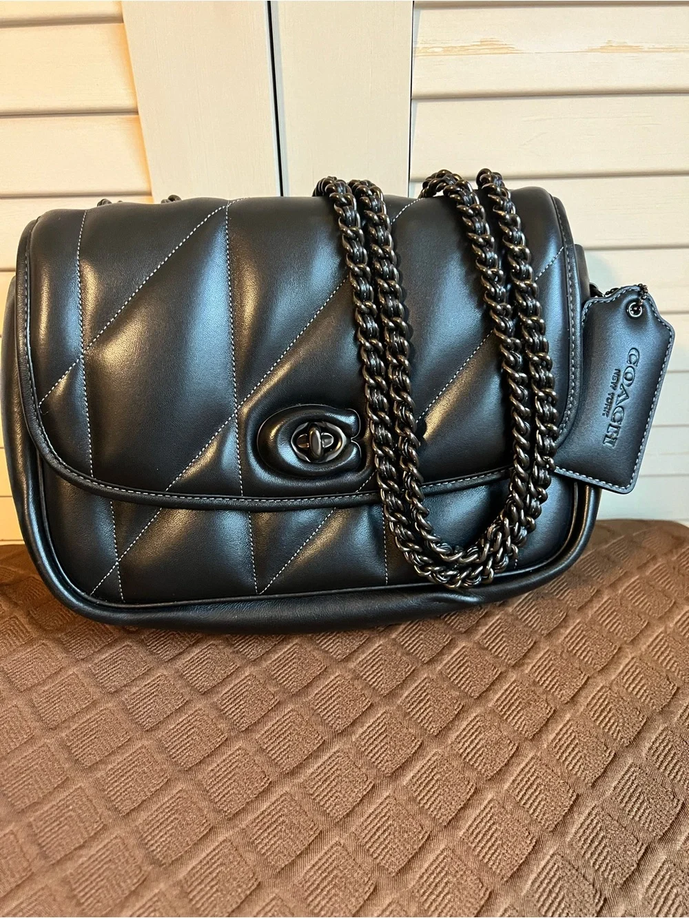 Coach Black Quilted Leather Shoulder Bag with Chain Strap